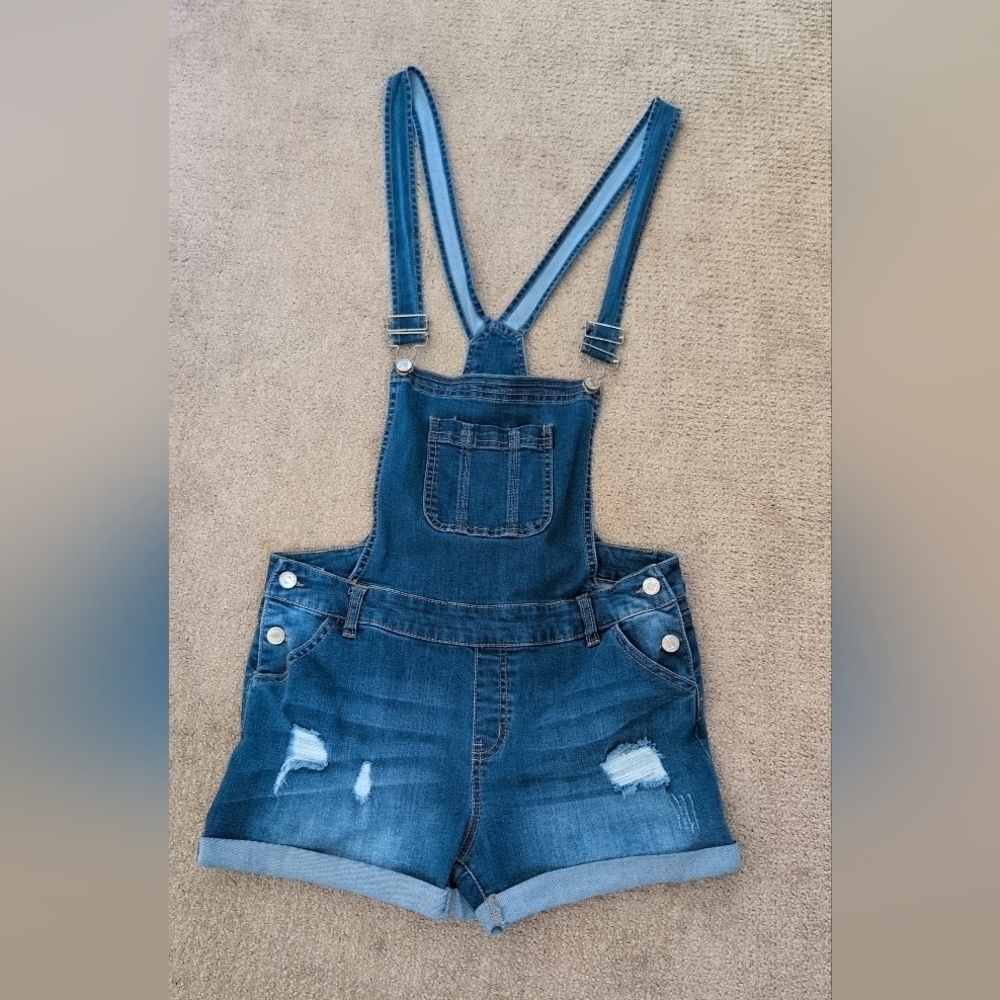 Forever 21 Mini Distressed Denim Blue Suspender Overalls/ Romper